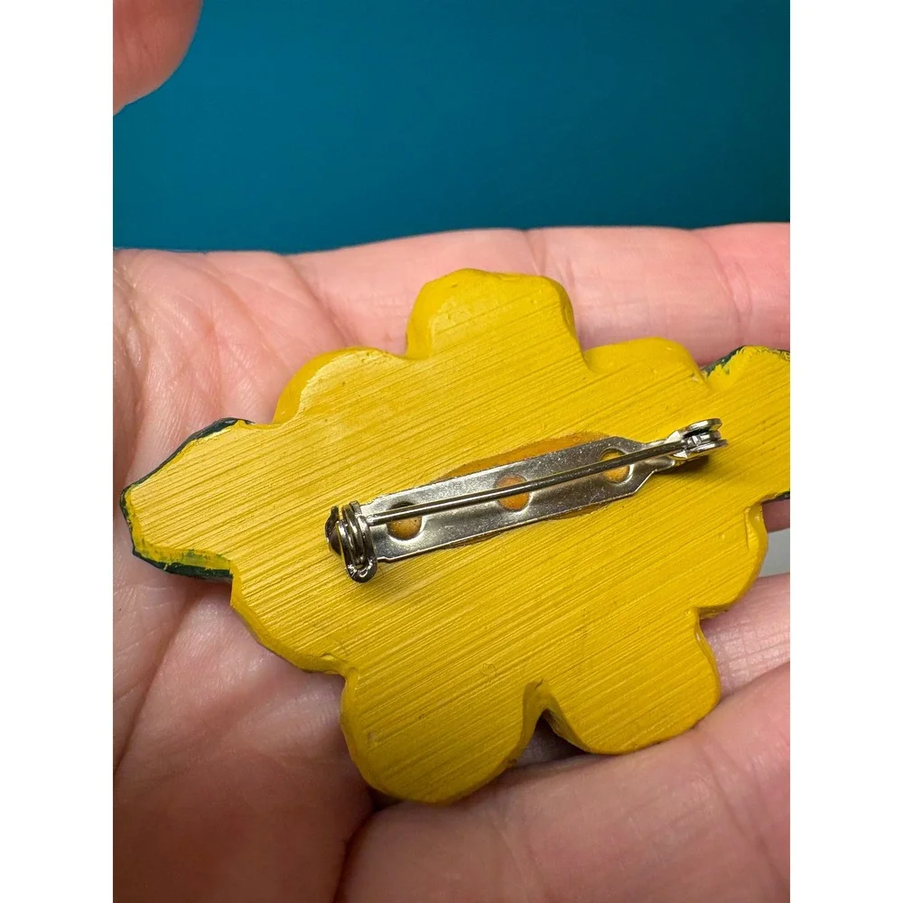 Signed Eddie Hand Carved Wooden Sunflower Bumblebee Brooch Yellow Folk Art Pin